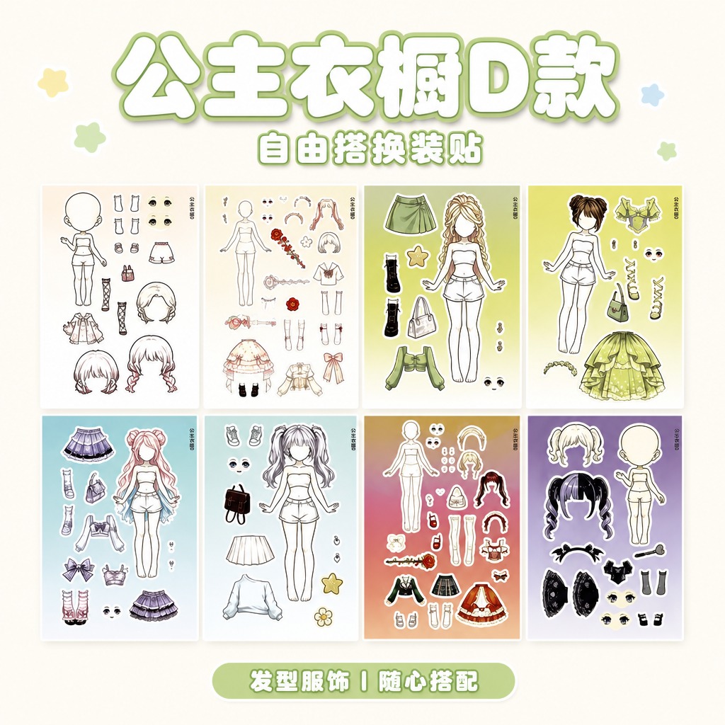 [SKU4] 公主衣橱D款换装贴纸 纯净平面SKU图。 [统一… - 图片创意预览
