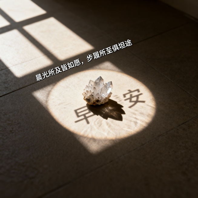 ### **1. 晨间财喜**
**祝福语：** 晨光熹微照福来，财喜盈门笑颜开（位于画面左侧，从上到下竖排书法体）
**提示词：**
中式早餐静物摄影，深色木桌上摆放一套青花瓷盖碗茶具，碗盖斜置，热预览效果