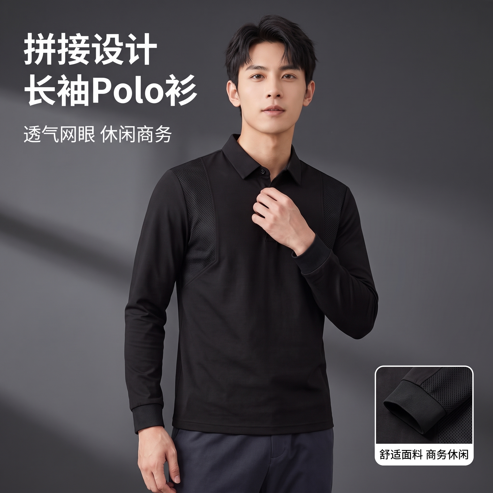 请将参考图 1 的【黑色长袖拼接网眼polo衫】1:1 还原其… - 图片创意预览