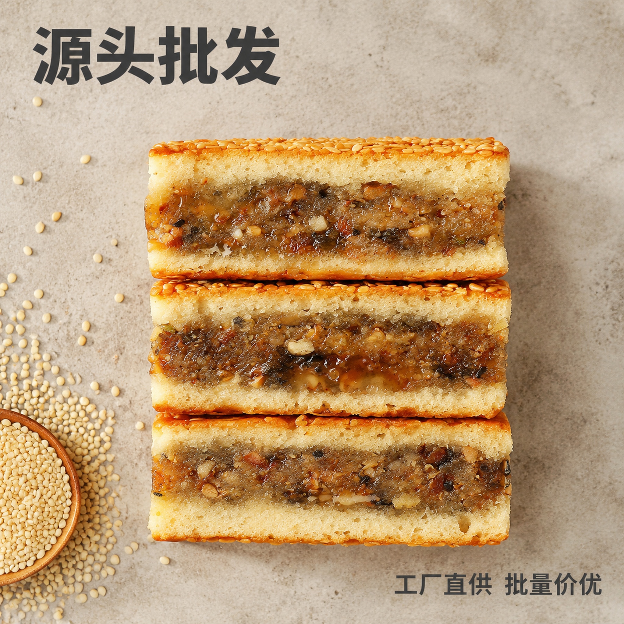 [主图-3] 三层五宝糕突出源头批发卖点。 [氛围风格] 工厂… - 图片创意预览