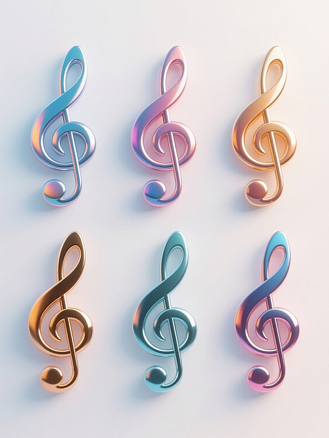 6个不同配色、不同样式、不同材质的3D立体音符造型，具有光滑圆润的曲线轮廓和强烈的金属光泽质感，每个音符都有独特的渐变色彩和高光反射效果，排列成上下两行整齐对齐，背景为纯净的浅色，整体呈现出明亮、现代且富有科技感的视觉风格，音符之间保持均匀的间距，形成和谐的视觉韵律。