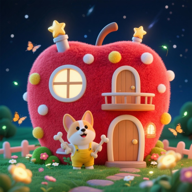 一个红色苹果形状的毛绒绒二层魔法小楼，表面覆盖柔软的红色绒毛，点缀白色和黄色的绒球装饰，屋顶有两个金色星星形状的烟囱，椭圆形的窗户，门口站着一只穿着黄色背带裤的小柯基，手里拿着小骨头，周围有飞舞的蝴蝶预览效果
