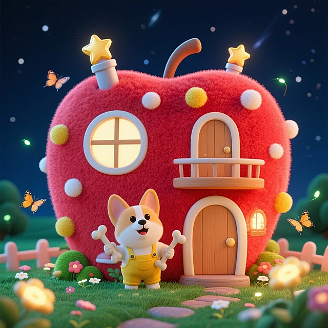 一个红色苹果形状的毛绒绒二层魔法小楼，表面覆盖柔软的红色绒毛，点缀白色和黄色的绒球装饰，屋顶有两个金色星星形状的烟囱，椭圆形的窗户，门口站着一只穿着黄色背带裤的小柯基，手里拿着小骨头，周围有飞舞的蝴蝶和萤火虫，背景是夜晚的星空，地面有发光的花朵和绿色草坪