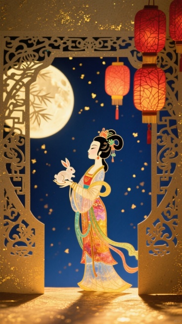 皮影戏风格，嫦娥手捧玉兔立于雕花月亮门，身后挂着红灯笼，背景是洒金宣纸质感的深蓝色夜空预览效果