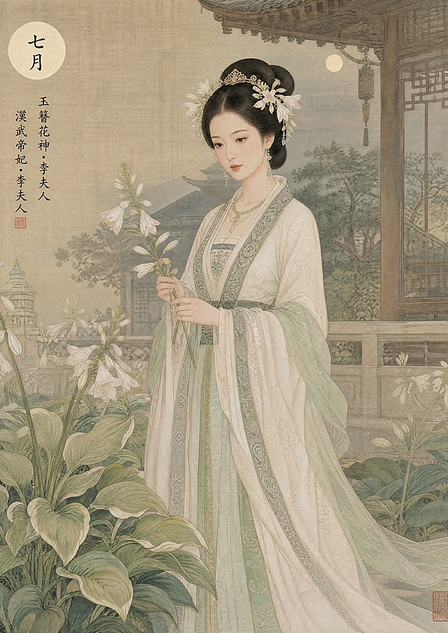 July Flower Fairy, Goddess of Hosta Flower, Lady Li (Emperor Wu's consort), wearing Western Han dynasty elegant court dress, white hosta flowers in hair, standing in a quiet courtyard at dusk, pale green leaves and white fragrant flowers, serene and refined, traditional Chinese Gongbi painting, soft white and pale green tones, silk scroll background, lunar label "July", gentle, 8k