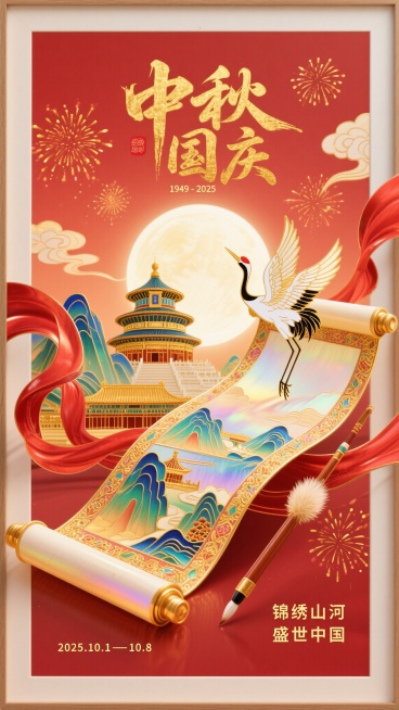 新中式国潮风格，融合工笔手绘与3D渲染质感，掐丝珐琅工艺风格。画面上方主体为金色毛笔书法大字“中秋国庆”，附带小字“1949 - 2025”，背景是暖红色渐变，点缀金色烟花和祥云。画面中心是展开的长锦预览效果
