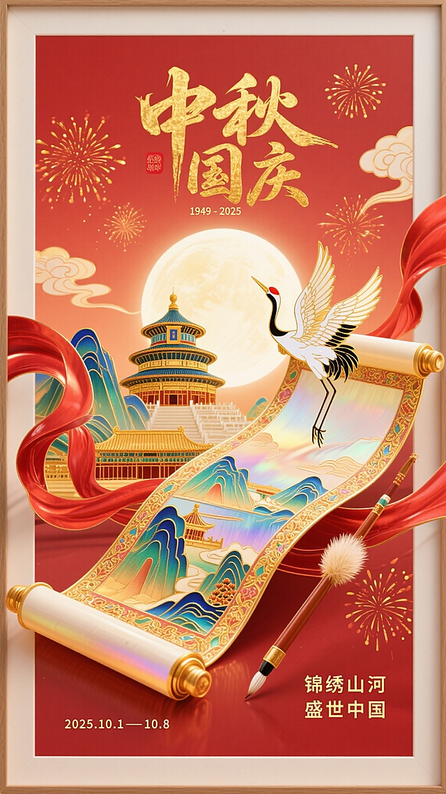 国潮风与工笔风融合，鎏金文字辉映红底，卷轴展开锦绣山河，仙鹤翩跹，天坛月华共绘中秋国庆双节盛典，典雅唯美，尽显中式古典与民族情怀。