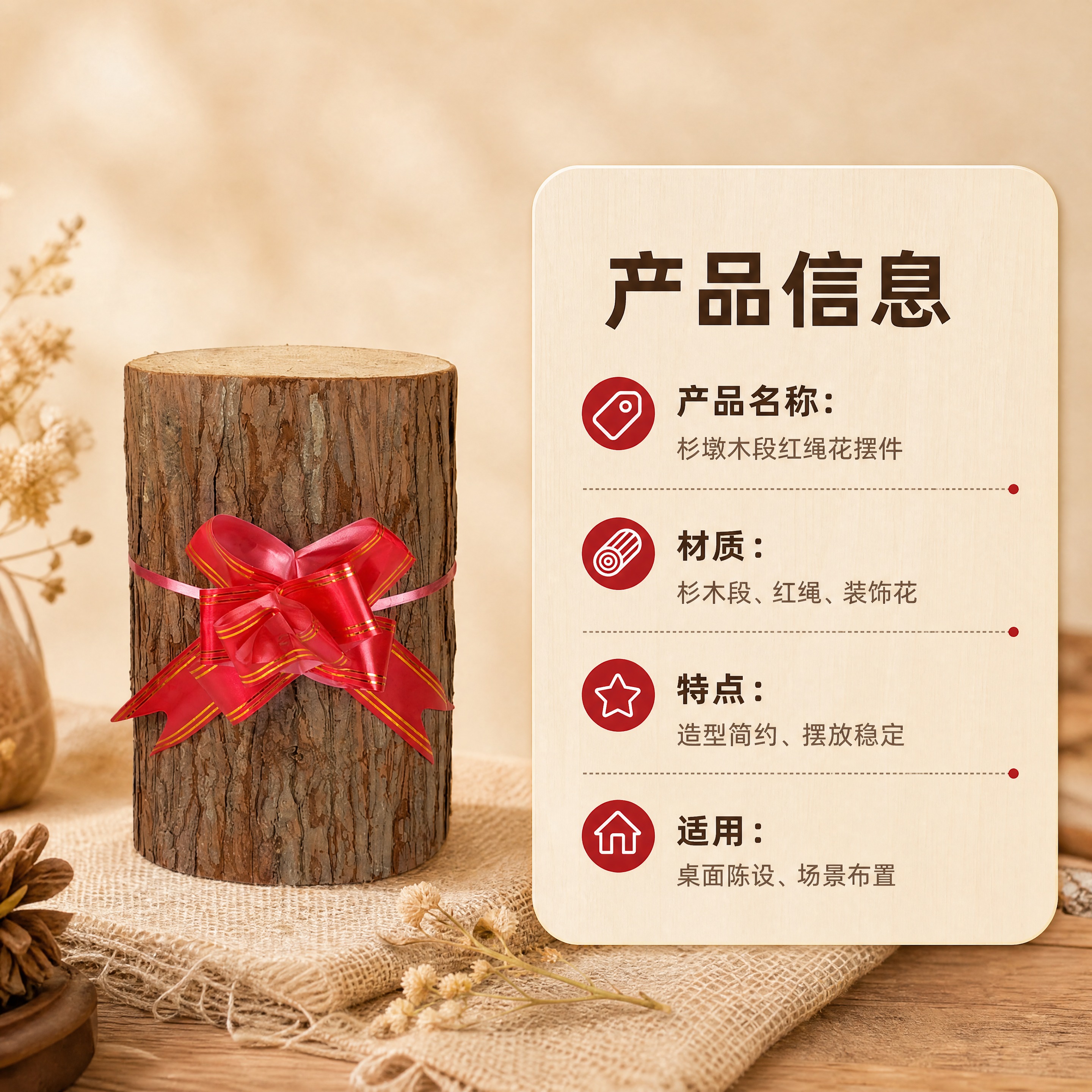 [商品] 使用【图1】杉墩木段配红绳花桌面装饰摆件；保留圆柱形… - 图片创意预览