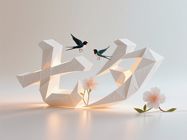 3D几何风设计，简约浮雕质感，清新梦幻，花鸟相映，春日氛围。