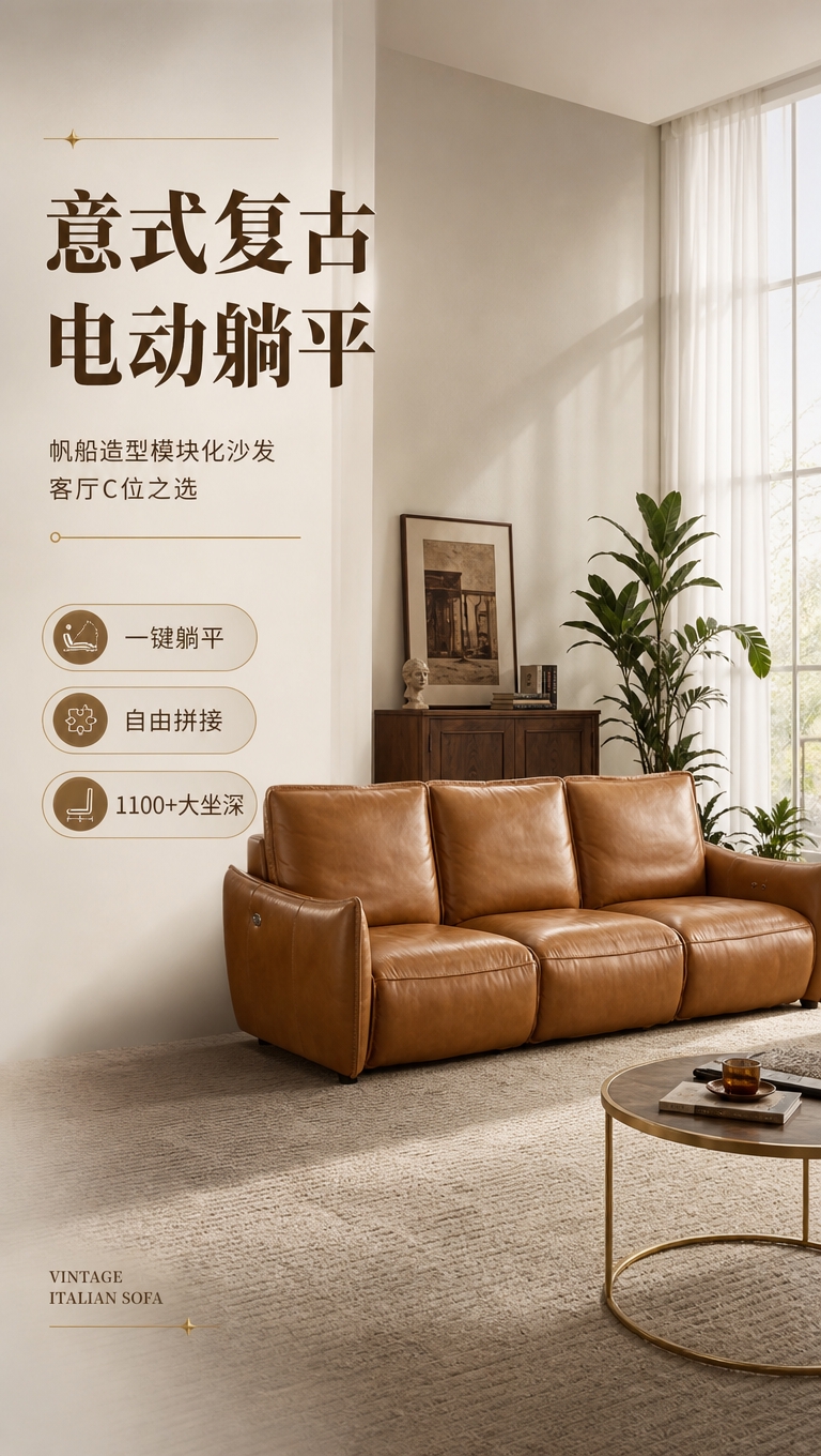 [商品] 使用【图1】焦糖棕真皮三人位电动功能沙发；保留三人位… - 图片创意预览