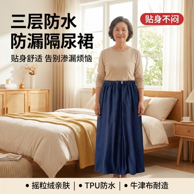拼多多老年人防漏隔尿裙首图，温馨居家风格，明亮自然光，干净明亮的卧室背景，一位60岁左右亚洲老年女性穿着舒适家居服，面带微笑自然站立，身上穿着藏蓝色的隔尿裙，产品居中，主体占比60%，背景铺满全屏无边预览效果