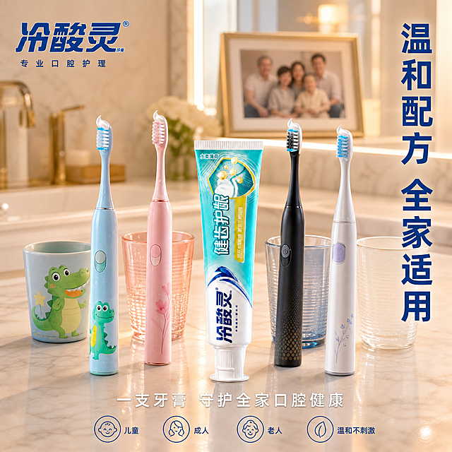 [主图-5] 老人儿童全家适用 温和配方 全家福信任
[氛围风格] 温馨全家福 全家适用 温和可信 家庭关怀
[画质] 商业摄影质感 光线柔和温暖 产品清晰真实 画面干净高级
[元素] 画面展示三代人牙刷阵列 从左到右 儿童卡通小牙刷 成人女士粉色牙刷 成人男士黑色牙刷 老人软毛牙刷 四支牙刷上都挤有冷酸灵牙膏 中央是冷酸灵健齿护龈牙膏管 周围有四个不同颜色的漱口杯 分别对应家庭成员 背景是温馨的家庭浴室 暖黄色灯光 墙上挂着全家福相框（虚化）。保持牙膏管外观与输入产品图绝对一致 杜绝任何变形和色差 精细化处理。产品占画面约40% 画面满屏无边框
[光影] 暖黄色浴室灯光从上方打下 形成柔和温暖照明 镜面有轻微反光 台面有柔和阴影 整体温馨家庭感强
[配色] 主色白色 暖黄 辅色青蓝牙膏 多彩牙刷 温馨色调
[视角构图] 45度俯视 全家牙刷阵列为视觉中心 对称布局 前中后景分层
[文字版式] 左上冷酸灵品牌Logo 原字形原配色。右上竖排主文案 温和配方 全家适用 深蓝色大号粗体无衬线字。底部横排 一支牙膏 守护全家口腔健康 白色中号字 居中。底部下方四个小图标 分别标注 儿童 成人 老人 温和不刺激 深蓝色小号字。文字放在负空间 不遮挡产品主体 文字清晰锐利
[输出要求] 1:1比例 文字清晰可辨 超高清商业摄影质感
[负向提示词] 变形 文字错乱 产品图模糊 背景杂乱 水印 电商平台Logo 二维码 露脸