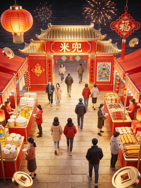 C4D，以浓烈的中国红与金色为主色调，营造出喜庆热烈的新春氛围；集市上有很多顾客， 画面背景主体是集市摊位，集市摊子上写着“米兜”，四周搭配灯笼、烟花、春联、福字、窗花、中国结、年画、鞭炮、挂钱、铜钱预览效果