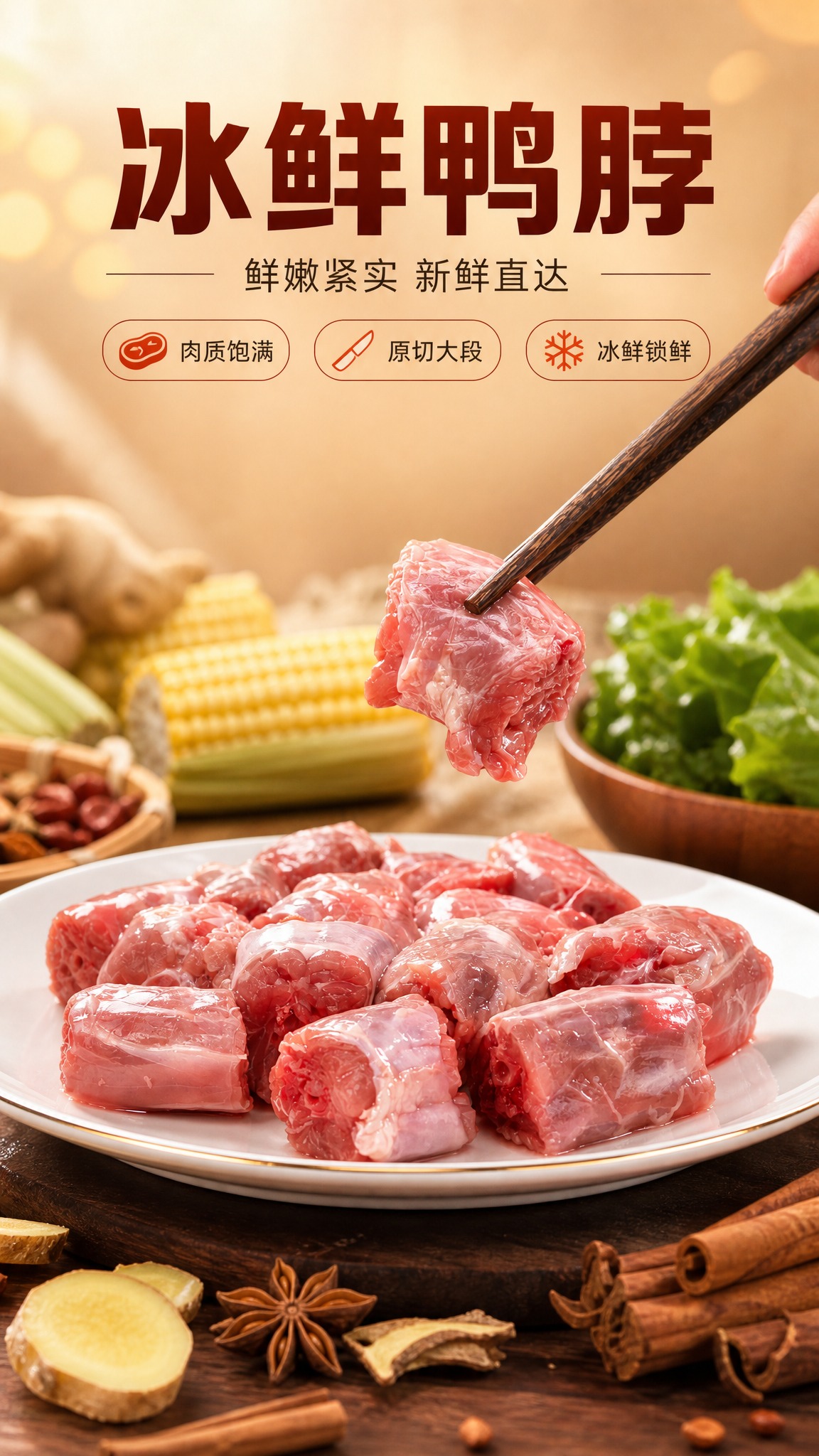 [商品] 使用【图2】冰鲜鸭脖食材场景图；保留鸭脖的粉红色肉质… - 图片创意预览