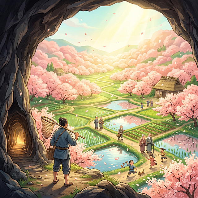 A fisherman passing through a dark cave opening into sudden blinding light, a hidden paradise of peach blossoms in full bloom like pink clouds, crisscrossing paths between fertile fields and clear ponds, chickens and dogs heard but not seen, the elderly and children with carefree smiles unaware of any world outside, falling petals like rain drifting over the beautiful land, overall peach pink and emerald green palette with golden sunlight pouring down, surreal dreamlike illustration style, beautiful yet unreal
