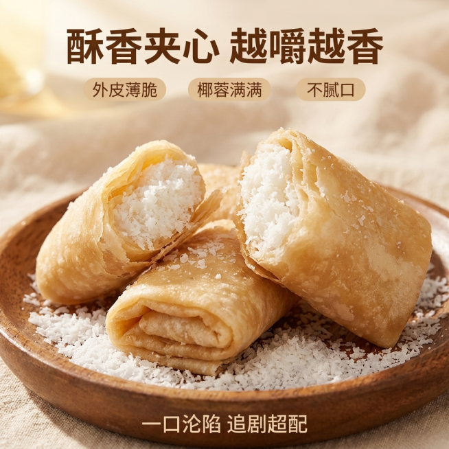 [主图 2] 椰蓉凤凰卷口感卖点主图。[氛围风格] 食欲特写风格，突出酥香夹心质感。[画质] 商业摄影质感，光线柔和通透，产品清晰真实，画面干净高级。[元素] 特写展示掰开的椰蓉凤凰卷，内馅椰蓉饱满流预览效果