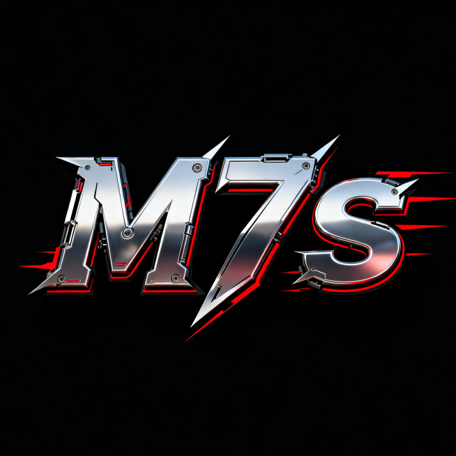 纯黑色背景。3D艺术字体设计，主体文字“M7s”，所有文字单行横预览效果