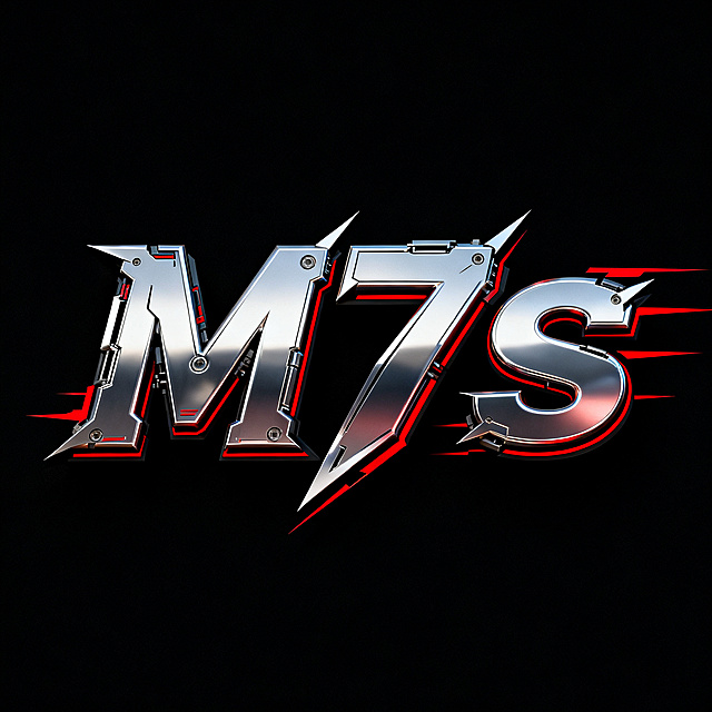 纯黑色背景。3D艺术字体设计，主体文字“M7s”，所有文字单行横向排列，机甲赛车风格字体，机械金属质感，带有尖锐棱角和机甲结构细节，亮银色金属渐变搭配红色赛车线条装饰，字体整体向右倾斜充满速度感，笔画带有凌厉切割效果。仅包含3个字："M"、"7"、"s"，不得增加、遗漏或替换任何一个字。文字整体必须完整呈现在画面内不可被裁切，四周留有安全边距。比例1:1。