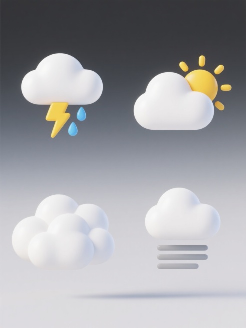 系列天气元素图标集合，2x2网格规整排布，每个图标独立置于纯白色背景上，保持统一3D立体风格，圆润边缘，柔和高光，半透明渐变效果。左上角为闪电雷雨图标：白色蓬松云朵下方悬挂黄色闪电和蓝色雨滴；右上角为晴天图标：白色云朵旁有黄色太阳，阳光呈放射状；左下角为多云图标：厚实的白色云朵占据主要画面；右下角为雾天图标：白色云朵下方有三组水平排列的灰色雾状线条。所有元素保持一致的光影逻辑、材质质感和设计语……预览效果