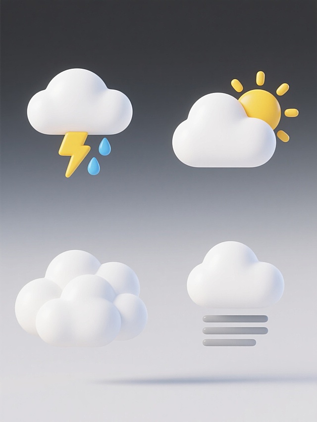 系列天气元素图标集合，2x2网格规整排布，每个图标独立置于纯白色背景上，保持统一3D立体风格，圆润边缘，柔和高光，半透明渐变效果。左上角为闪电雷雨图标：白色蓬松云朵下方悬挂黄色闪电和蓝色雨滴；右上角为晴天图标：白色云朵旁有黄色太阳，阳光呈放射状；左下角为多云图标：厚实的白色云朵占据主要画面；右下角为雾天图标：白色云朵下方有三组水平排列的灰色雾状线条。所有元素保持一致的光影逻辑、材质质感和设计语言，整体视觉协调统一。