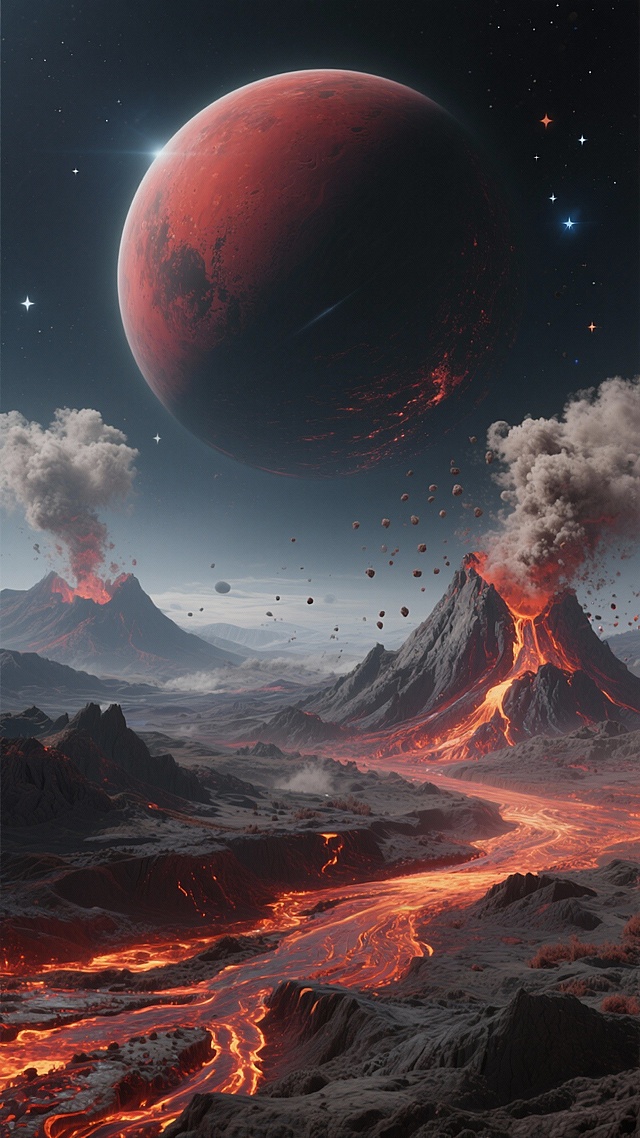 生成15张星球科幻高清图的生成。呈现不同色彩搭配、地貌特征的外星星球场景，包含巨型星球、山地水域、星空等元素。