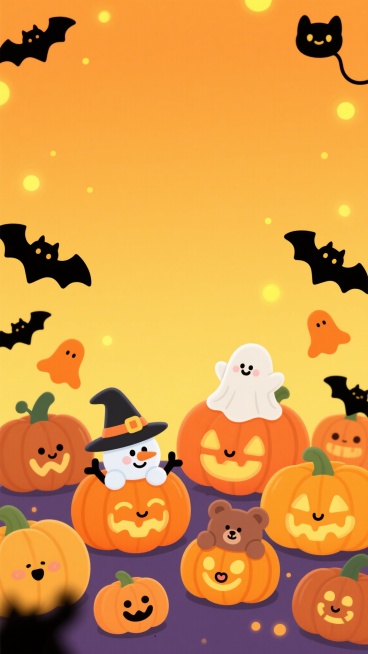 明亮橙黄色渐变背景，Q版可爱风格万圣节插画，画面底部和两侧分布着大小不一、表情各异的卡通南瓜灯，部分南瓜上坐着戴着巫师帽的雪人、白色小幽灵和棕色小熊，周围点缀着黑色蝙蝠剪影、漂浮的黄色光点和橙色小幽灵，整体氛围欢快明亮，充满节日童趣，构图采用底部环绕式布局，留出上方大面积空白区域。预览效果