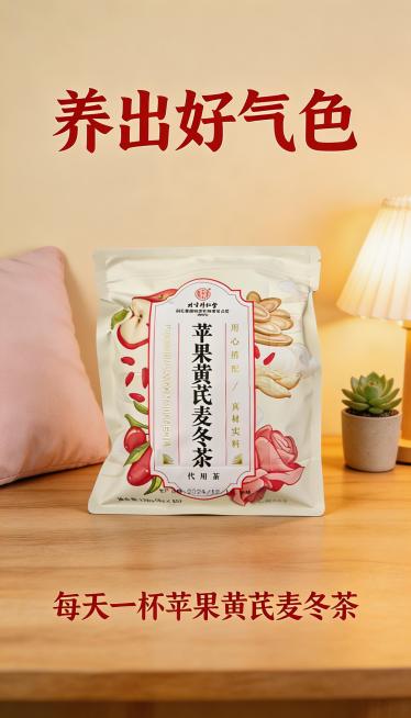 苹果黄芪麦冬茶宣传海报，画面主体是产品包装，背景是暖色调的治愈系居家场景，搭配文字“养出好气色 每天一杯苹果黄芪麦冬茶”，字体使用温暖亲和的圆体，整体风格温馨治愈，贴近生活预览效果