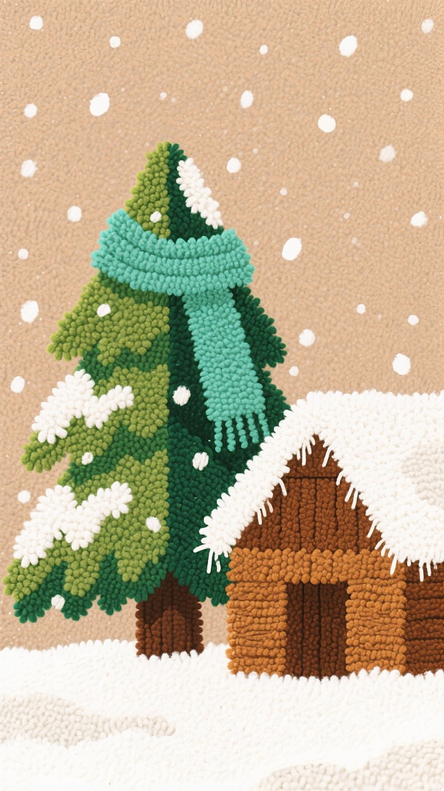 刺绣风插画，松树戴围巾拟人化，雪落木屋，温馨可爱，质朴冬日圣诞氛围。