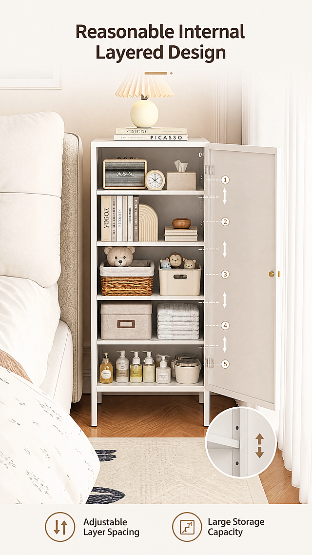[第4屏] Internal Structure Introduction - Multi-layer Partition Storage Design.  
[氛围/风格] Practical structure demonstration, clear layout, transparent and intuitive display.  
[元素布局] Open the cabinet door to show the internal layered storage structure, keep the overall frame of the cabinet consistent with the original image. The internal space is clearly layered, showing how different items can be classified and stored. A cut-away demonstration method to show the partition structure of each layer.  
[光影质感] Even soft light inside the cabinet, clear display of each partition structure, no dead dark corners, highlight the reasonable space distribution.  
[配色色系] Global background #F5F0EB, cabinet internal off-white, outer frame white, structure marking lines light gray.  
[视角构图] Open door front perspective, focus on internal layered structure, intuitive and clear.  
[文字版式] Title "Reasonable Internal Layered Design", two key points "Adjustable Layer Spacing" "Large Storage Capacity". All English, text placed at the top and bottom, does not block the internal structure.  
[比例分辨率] 9:16 vertical ratio, 4K resolution.  
[负向提示词] Wrong structure, missing partitions, cabinet deformation, Chinese characters, blurry picture.