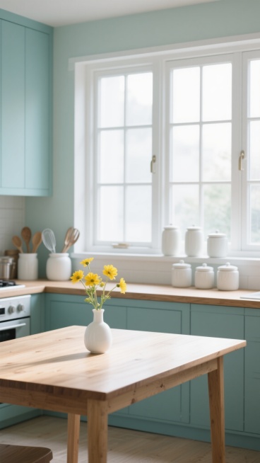 柔和光影下的现代简约风格室内场景，以清新的蓝绿色调为主，木质桌面上摆放着白色小花瓶，里面插着黄色花朵，背景是带有白色窗框的窗户，窗台上整齐排列着白色陶瓷罐和厨房用具，整体氛围宁静舒适，空间明亮通透，细节清晰，具有生活气息的温馨家居环境。预览效果