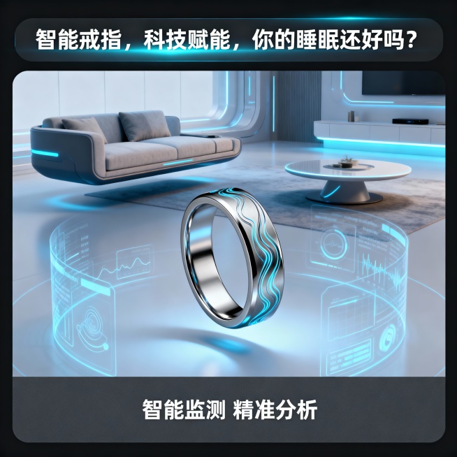 生成三张不同场景的智能戒指电商主图，比例1:1，画面要有超强科技感，要有宣传文案：智能戒指，科技赋能，你的睡眠还好吗？预览效果
