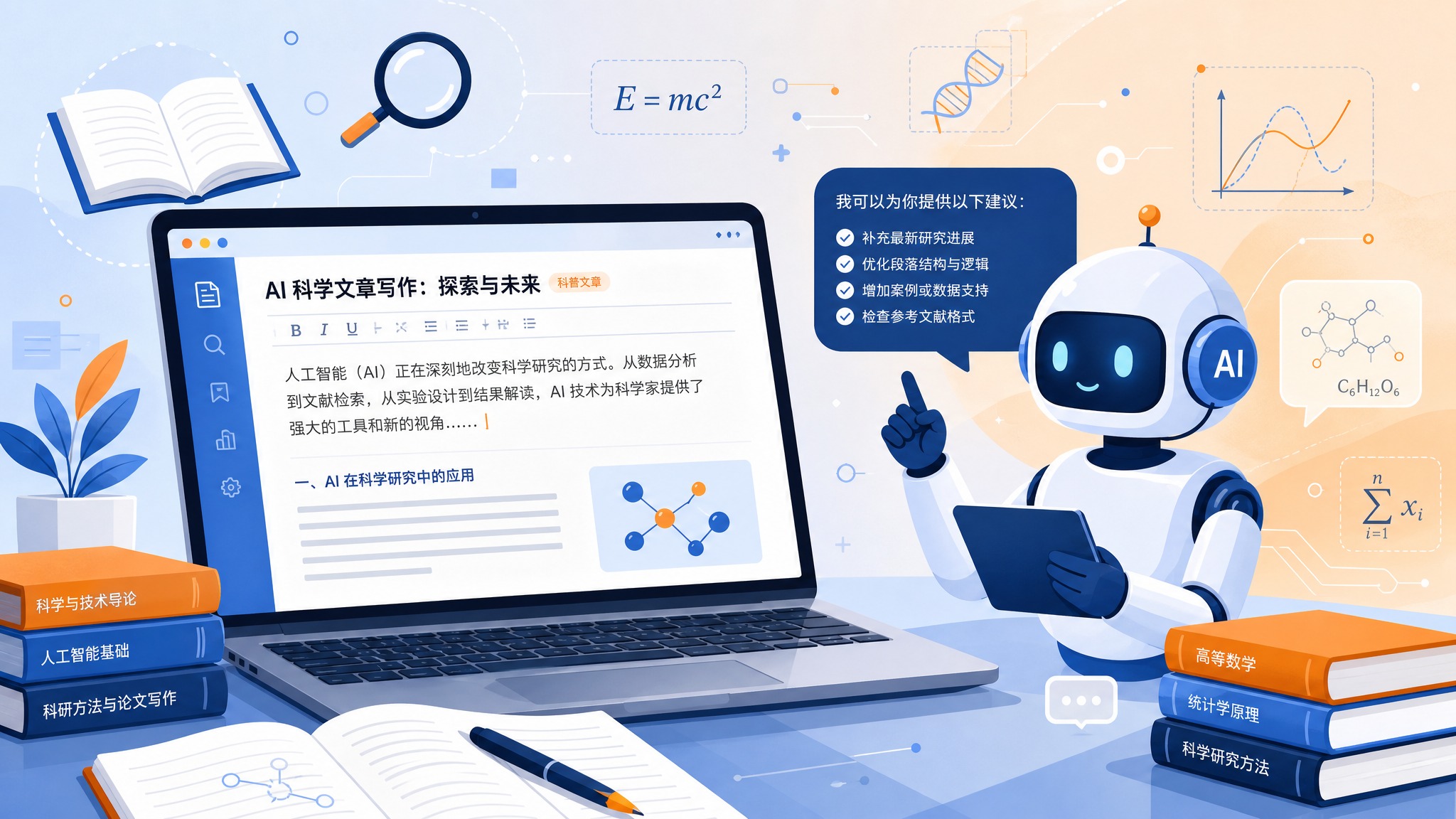 科技感扁平插画风格，AI科学文章写作主题。画面左侧是一台笔记本… - 图片创意预览
