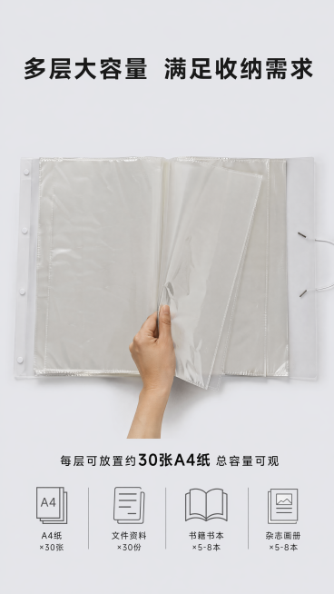 [第4屏] 内袋结构展示-展示A4资料册多层大容量内袋设计。本屏使用【图6】【图8】作为参考，展示内袋打开状态。[氛围/风格]真实场景展示，浅灰背景，突出容量优势，清晰自然商业摄影感。[元素布局]资料预览效果