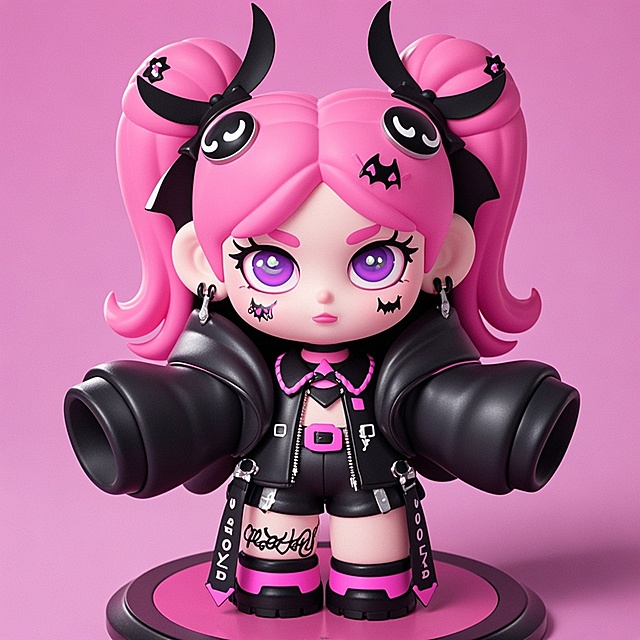 盲盒手办，Q版，moonlab_studio风格，粗线条描边，涂鸦，极简，粉色头发双马尾女孩，暗黑坏坏黑皮衣风格，可爱的卡通形象，简单的线条，干净的背景，纯色背景，杰作，质量最好，8K，超级细节