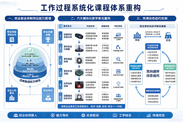 教改课题申报书配图，主题为基于工作过程系统化的机器视觉课程体系重构，学术科技风格，蓝灰色调，画面分为三大板块结构清晰：左侧板块为校企联合研制岗位能力图谱，展示基础能力、核心能力、综合创新能力三层递进结构，四周连接职业技能等级证书、职业技能竞赛、企业上岗要求、职业岗位四个维度，形成四维融通能力框架示意图；中间板块为六大模块化教学单元重构，打破传统碎片化结构，按照企业真实工作流程依次排列：机器视觉系统认知、零件定位与测量、零件缺陷检测、零件外观识别、光学信息检测、机器视觉综合实训，以流程箭头串联，体现知识技能任务岗位一一对应；右侧板块为岗课动态迭代机制，展示校企常态化技术联动通道，产业技术升级与岗位需求变化驱动课程模块、实训项目、考核标准动态更新的双向循环箭头，标注岗位驱动课程、课程赋能岗位双向融通。整体画面专业严谨，信息图风格，适合课题申报书使用，顶部配有标题"工作过程系统化课程体系重构"，高质量2D平面设计