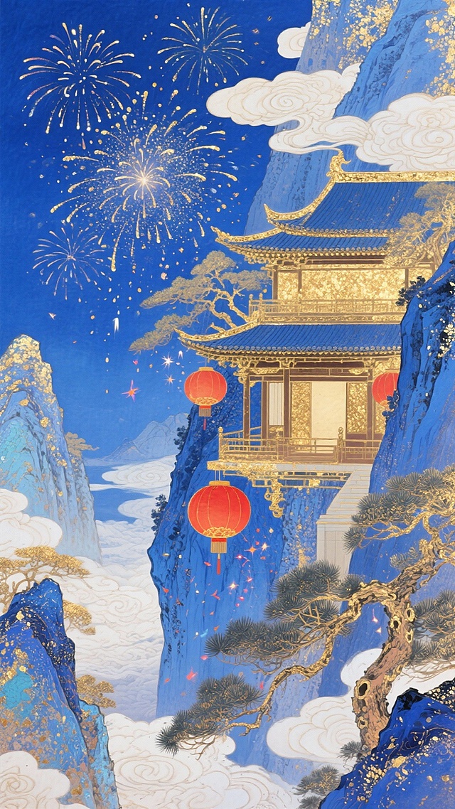 靛蓝底色铺鎏金烟花，层叠祥云缠孤峰峭壁与云海松涛间的悬空古阁，国风大场景，冷金靛蓝交织，星光点缀，阁前悬着巨型红灯笼，松枝间漏下细碎的烟花火星。
