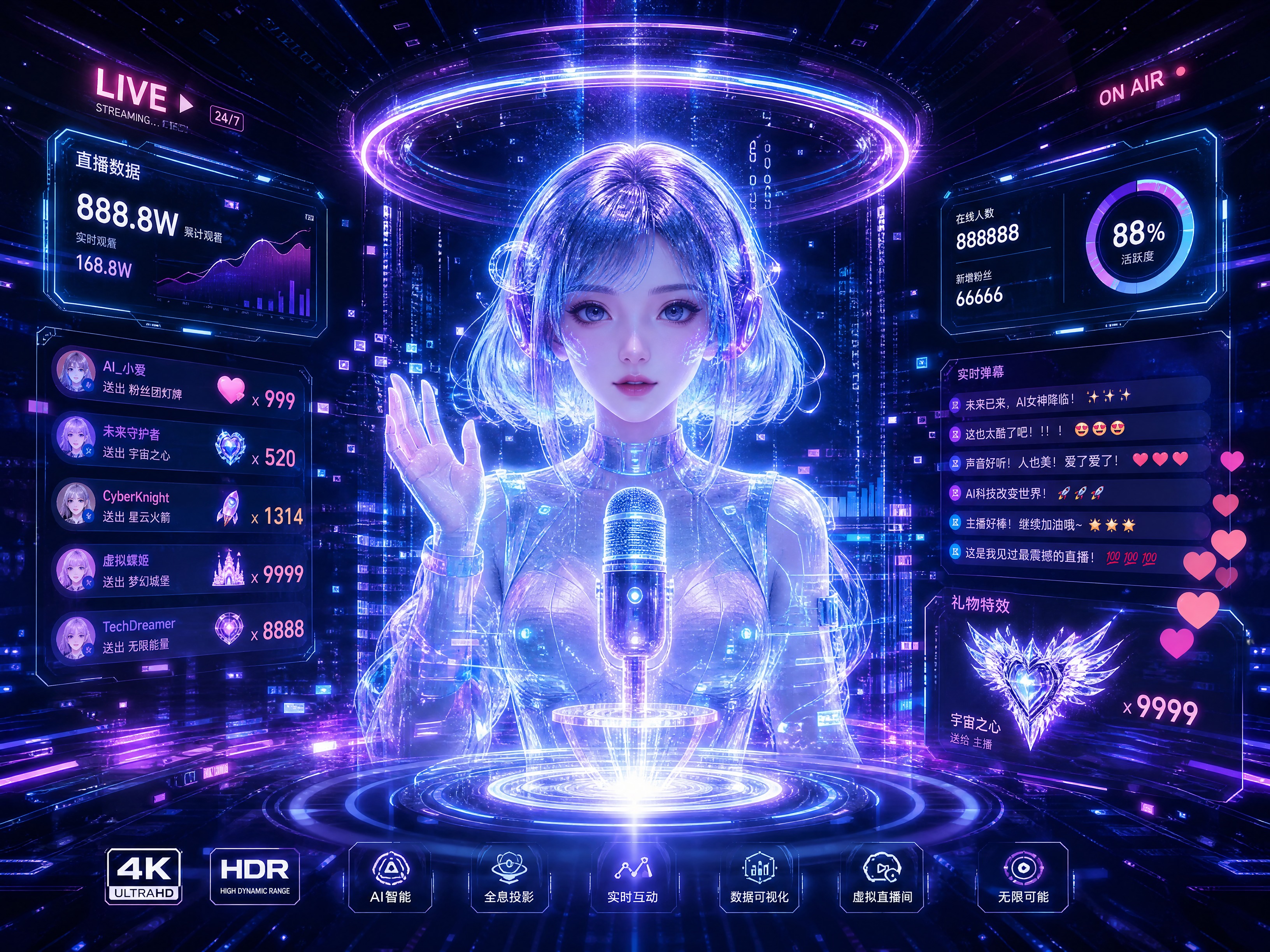 数字人直播科技感震撼封面图，未来科技风格，赛博朋克霓虹色调，深… - 图片创意预览