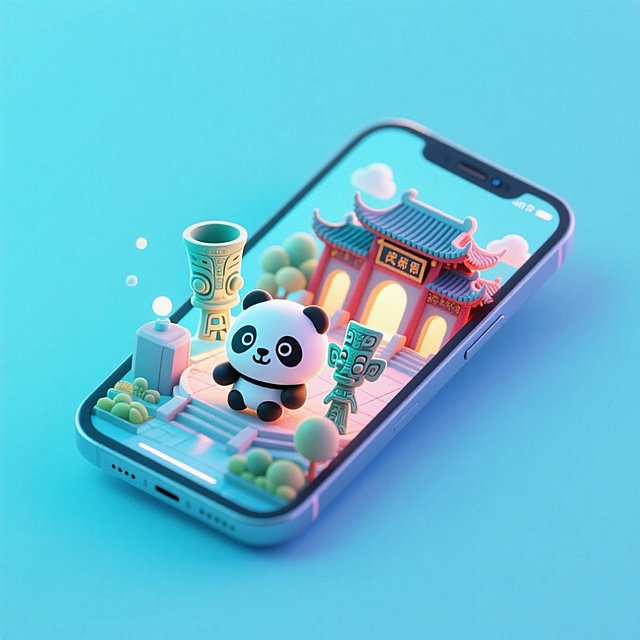 一个手机创意微缩场景，手机平放，侧面对着观众，手机俯视角度，立体的成都景观从屏幕内出来，有熊猫，三星堆，武侯祠，整体色调立体魔幻。青色背景。具有梦幻感,打光营造出柔和氛围强调梦幻和未来感的美学。