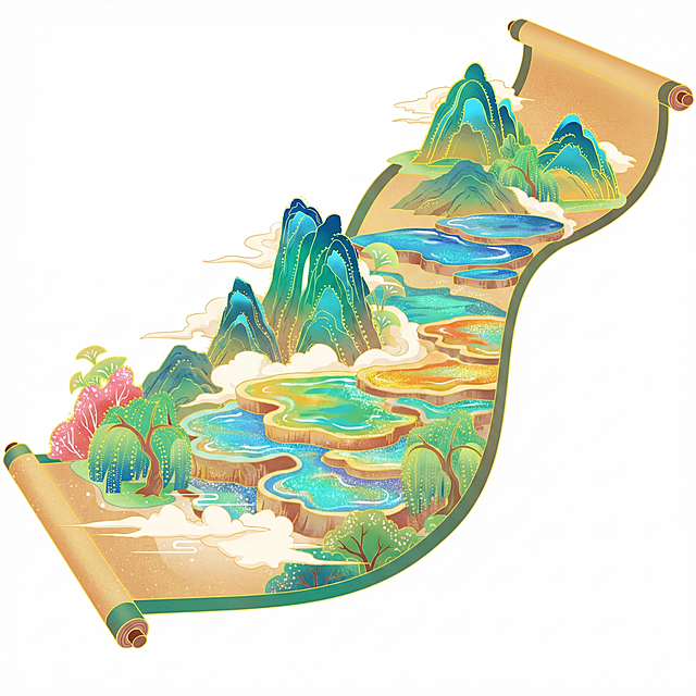 保留原图的卷轴国潮插画构图风格，将原亭子、荷花替换为四川黄龙风景区五彩池，突出多个错落分布的彩色钙化池，色彩斑斓，画面中不要出现任何建筑，保持国潮手绘风格，青绿山水配色
