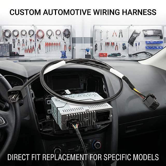 [Main Image 2] Application scenario display. Keep original product shape, no orange logo. Show this custom automotive wiring harness connected inside a vehicle for aftermarket modification. Clean bright professional workshop environment. Add English headline "Custom Automotive Wiring Harness" at top, subtitle "Direct Fit Replacement for Specific Models" at bottom. All text in English, placed in blank area without blocking product. 1:1 square.