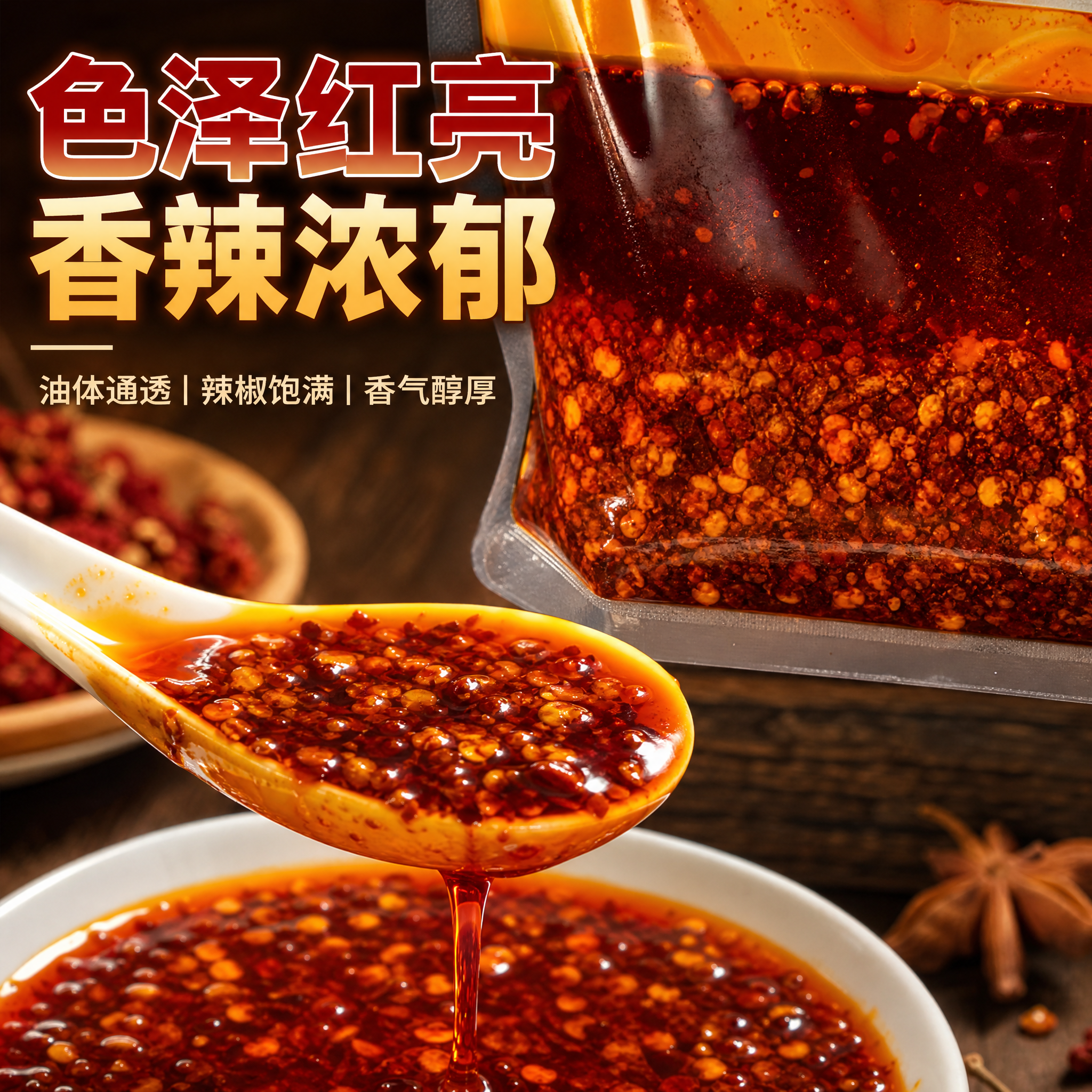 [主图-3] 细节与油质展示图，微距特写辣椒油的色泽与质感。… - 图片创意预览