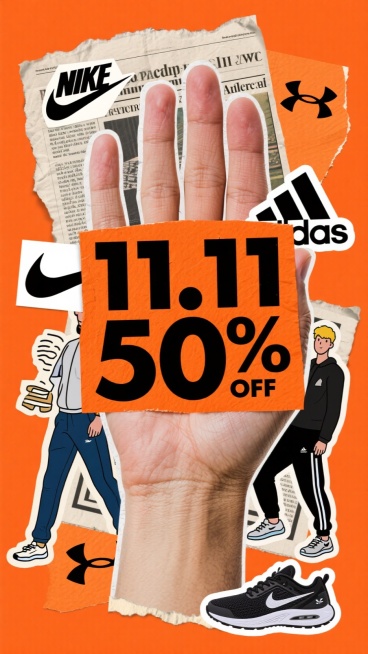 主视觉是一只大手，握着一个橙底黑字的 “11.11 50%OFF” 标签，橙色背景上装饰着耐克、阿迪达斯、安德玛等运动品牌创意 LOGO 与跑鞋运动裤样式卡通贴纸。预览效果