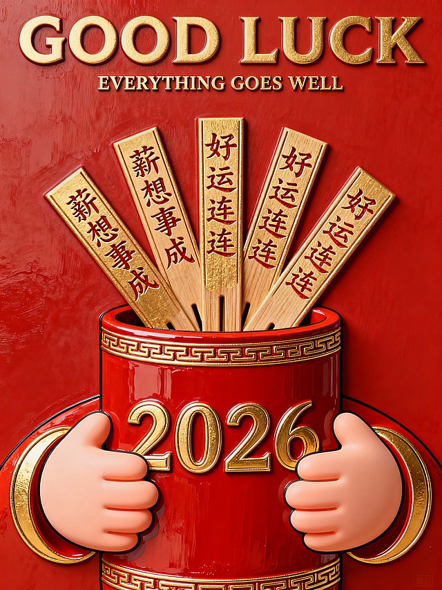 画面顶部居中横向排列巨大的几何风格无衬线英文标题“GOOD LUCK”，紧随其下是一行较小的衬线体英文副标题“EVERYTHING GOES WELL”。画面中央视觉主体为一个正红色的圆柱形祈福签筒，筒身正面镶嵌着巨大的数字“2026”。签筒内插满了数根签条，呈扇形向四周展开，每一根签条上都竖向清晰刻印着汉字“薪想事成”或“好运连连”。一双圆润可爱的卡通风格双手从下方稳稳托举环抱着签筒。红色背景