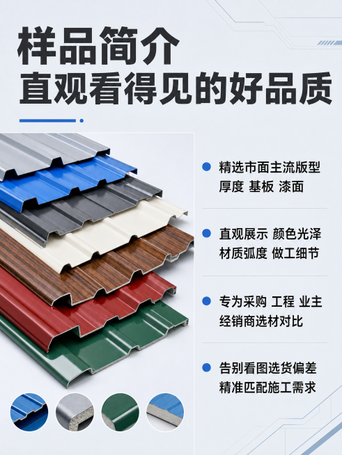 [第2屏] 样品简介与核心价值介绍。
[氛围/风格] 专业清晰的工业建材风，简洁干净，信息层级分明，商业质感。
[元素布局] 上半部分主标题区，下半部分左右分栏，左侧放置彩钢瓦小样实拍展示图，占据约4预览效果
