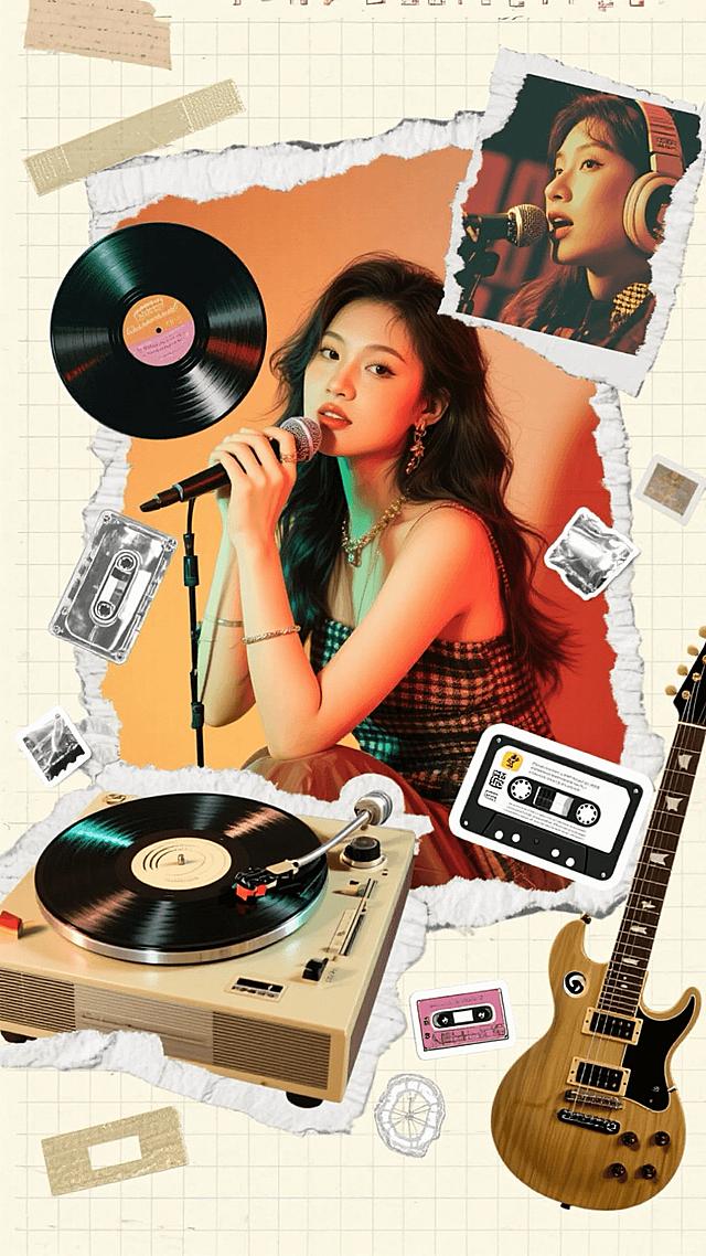 （元素：女歌手写真特写；生活照；复古留声机；黑胶唱片；吉他）；(小元素：磁带；银色贴纸；透明胶带）；暖色调；背景材质：网格纸