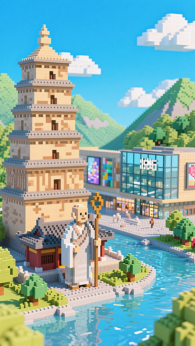 西安大雁塔全景，唐僧拿着禅杖站在前面，旁边是大悦城商场，蓝天、白云、青山、河流装饰