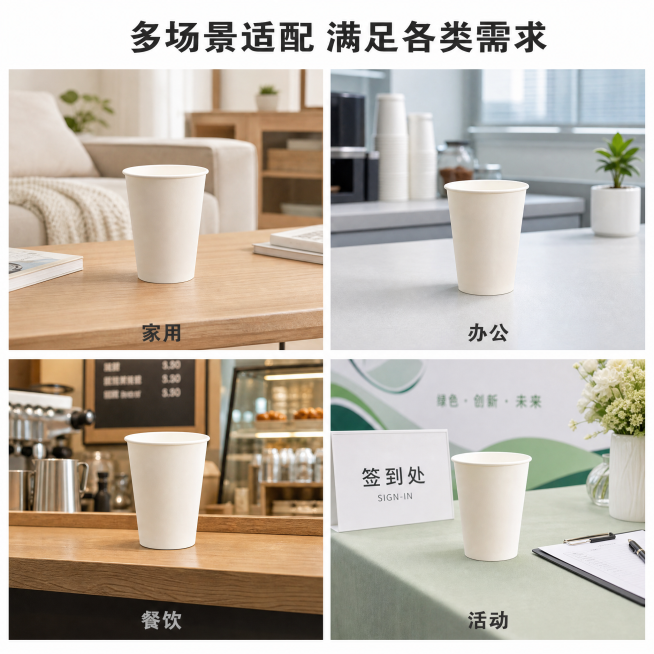 [主图-3] 多场景使用适配宫格展示。
[氛围风格] 生活化真实场景，干净实用
[画质] 商业摄影质感、光线柔和通透、产品清晰真实、画面干净高级。
[元素] 四格宫格展示，每格展示一次性纸杯在一个场景预览效果