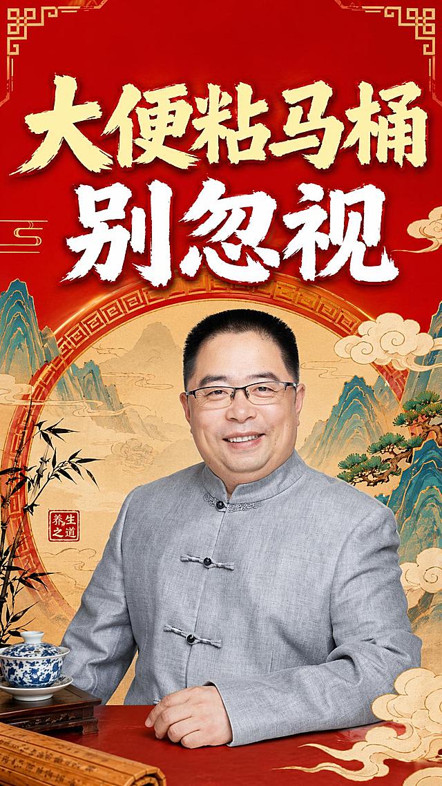 「图片1」设计一款视频封面，中式风格，颜色鲜亮，标题为第一行大便粘马桶   第二行别忽视