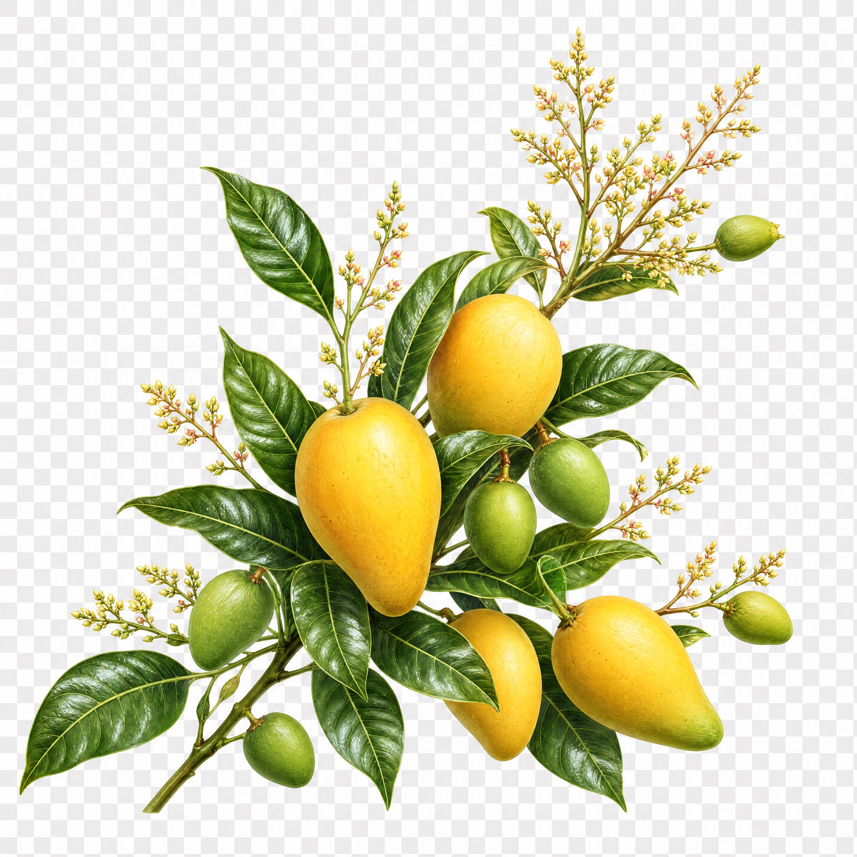 参考图中茉莉花的写实手绘插画风格，生成一束新鲜的芒果枝条素材，… - 图片创意预览