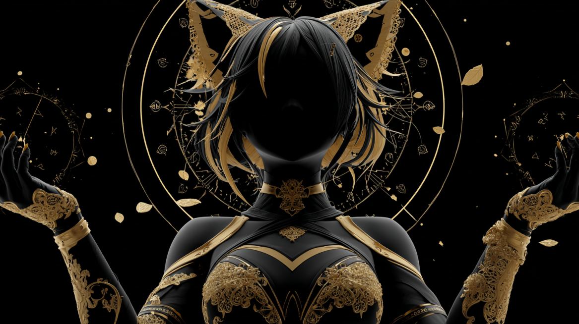 3D CG render, dark gorgeous aesthetic, black gold high contrast, female anime half silhouette, fox e预览效果
